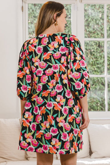 ODDI Full Size Floral Puff Sleeve Mini Dress.