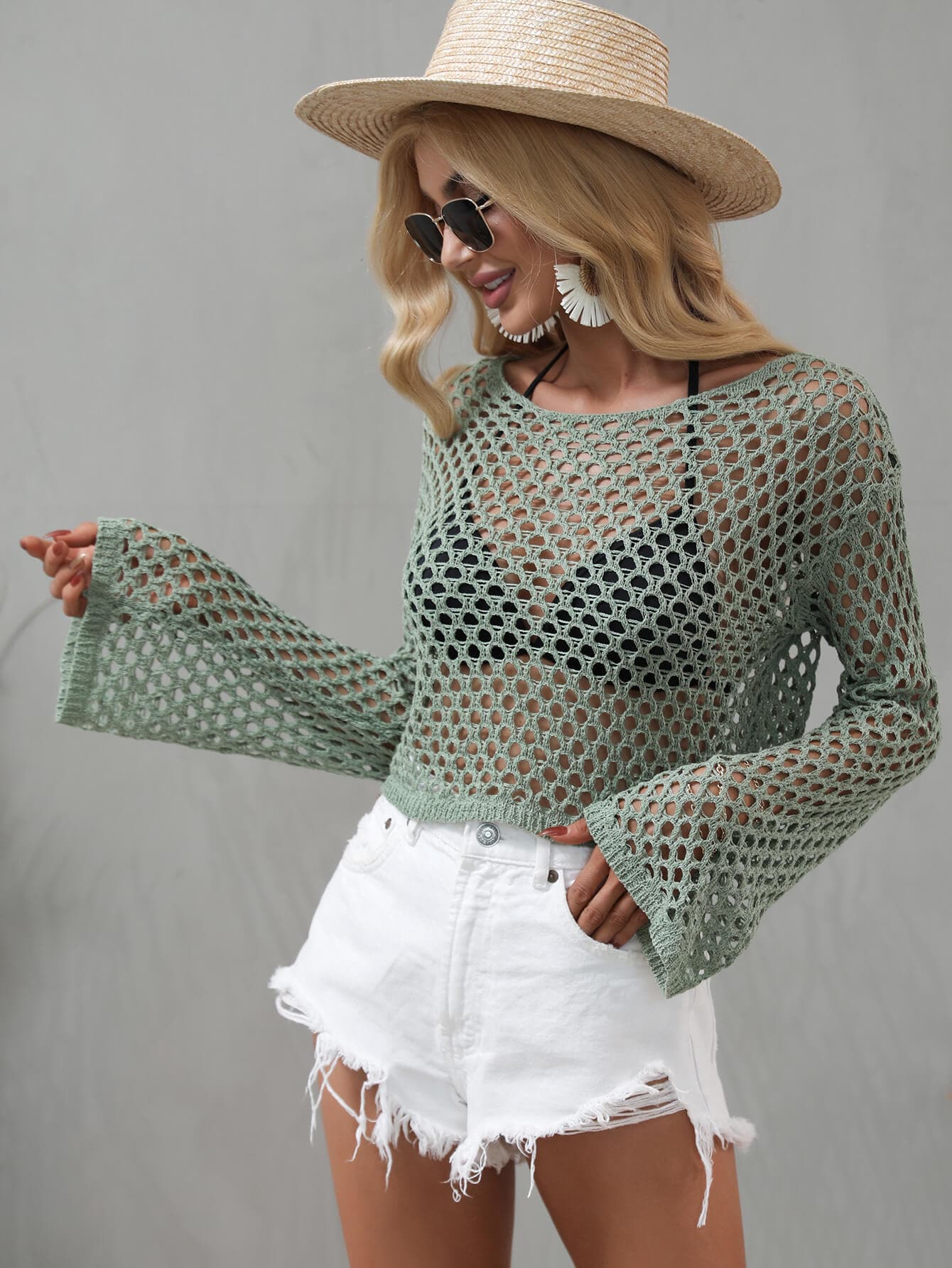 Openwork Flare Sleeve Cropped Cover Up.