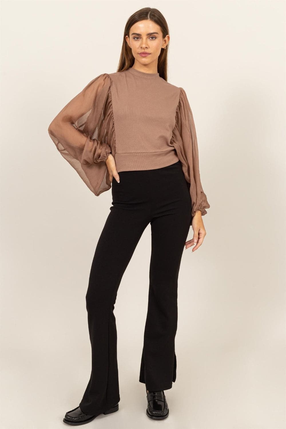 HYFVE Ruched Sheer Long Sleeve Mock Neck Blouse.