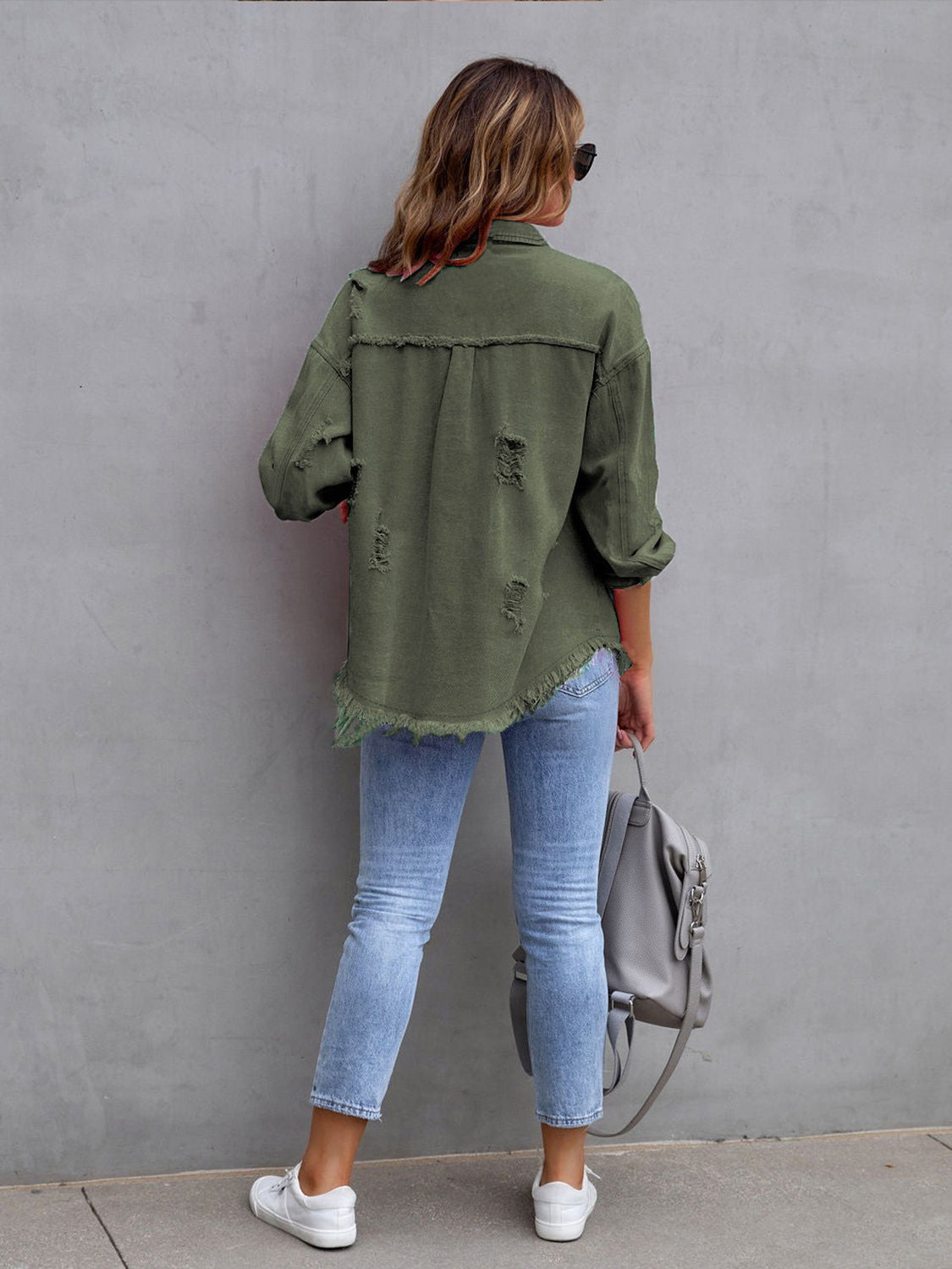 Distressed Drop Shoulder Denim Jacket Coco’s Tee Boutique