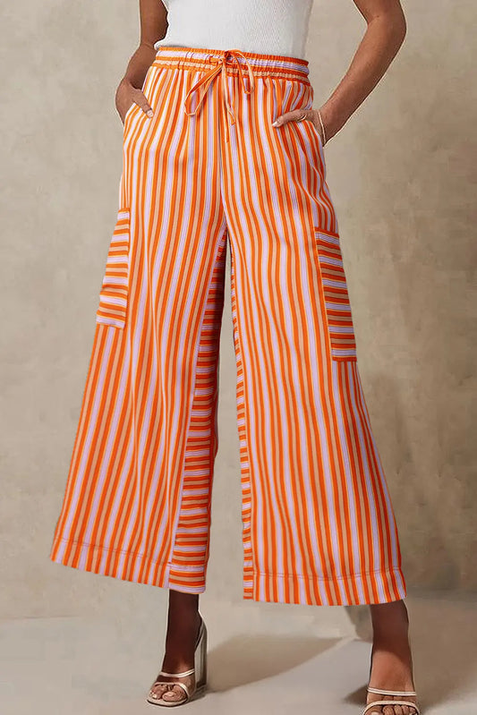 Orange Stripe Cropped Palazzo Pants With Pockets For Summer Dear-Lover Dropshipping