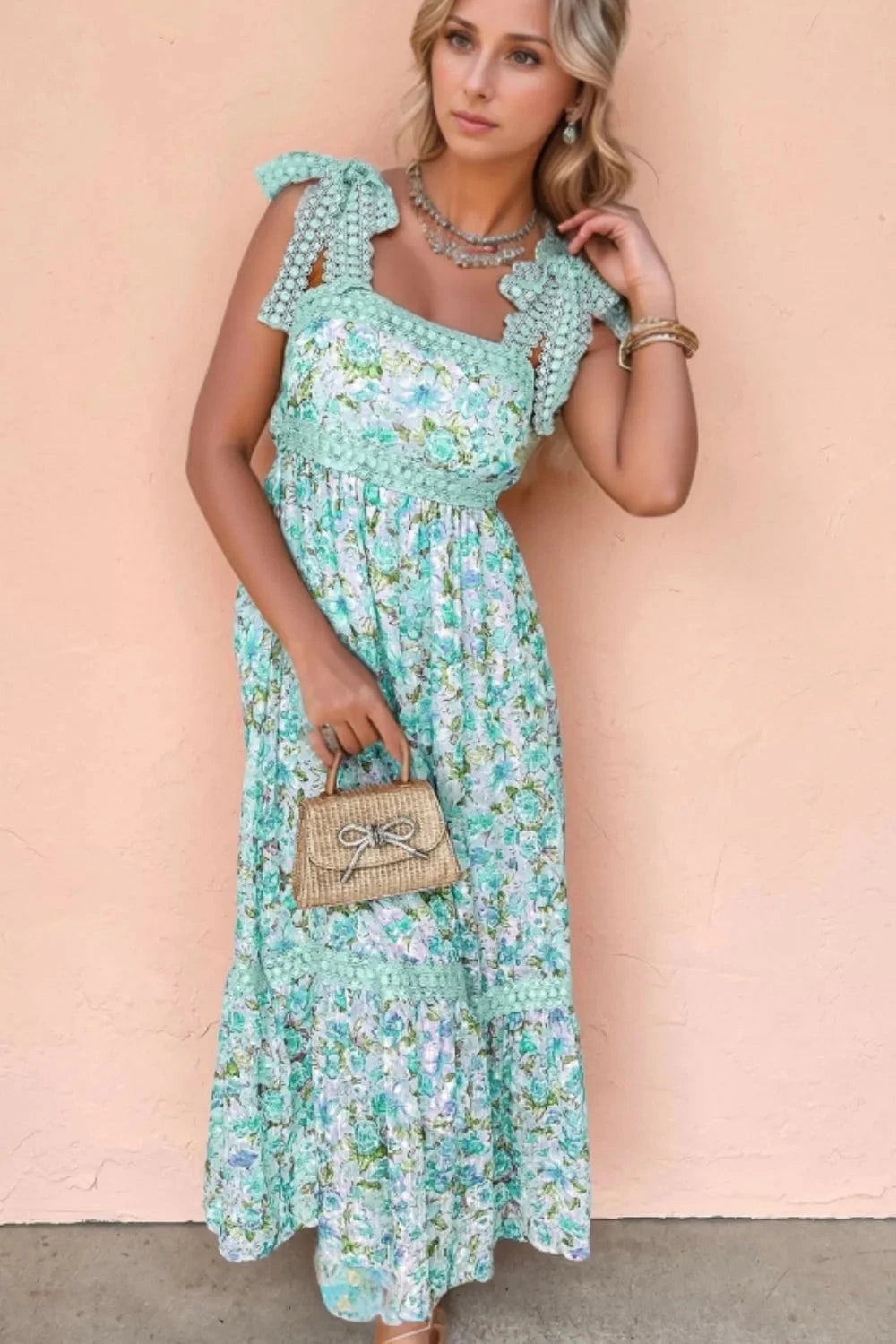 Lace Detail Square Neck Floral Dress Simply Love