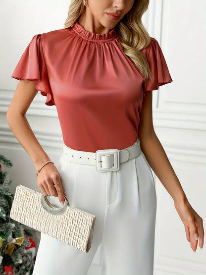 The Coral Crush Satin Flutter Blouse