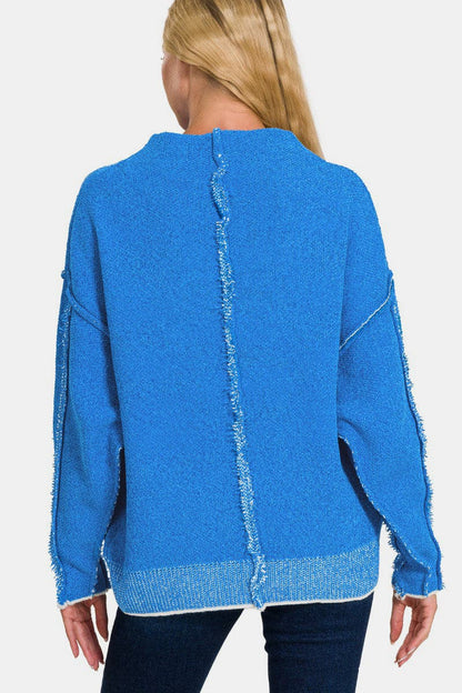 Zenana Exposed Seam Mock Neck Long Sleeve Sweater.