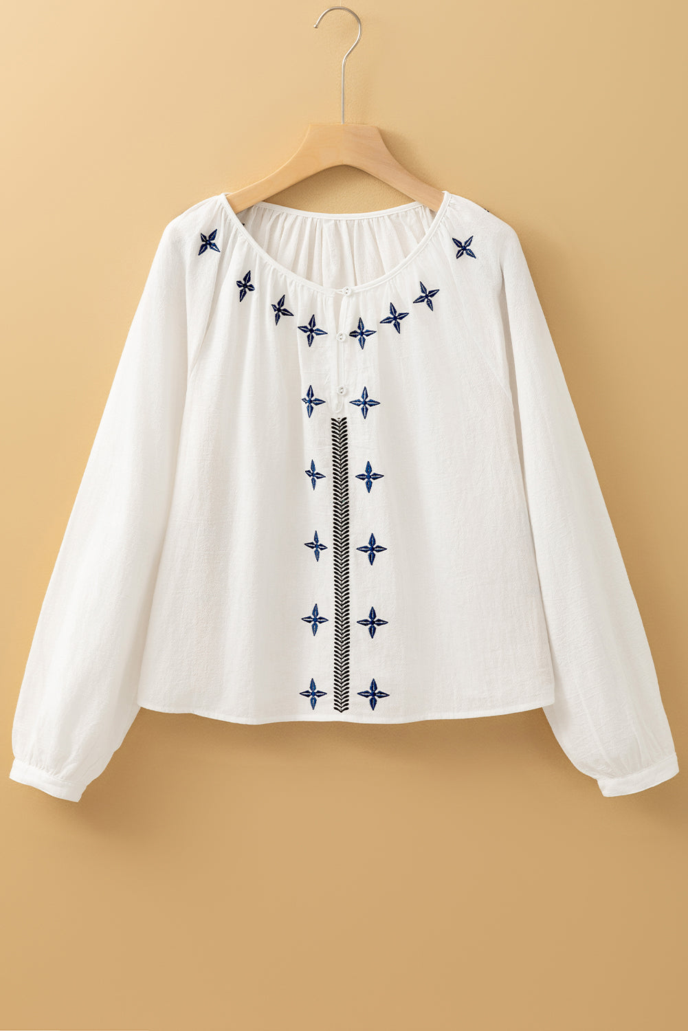 White Geometric Embroidered Long Sleeve Blouse for Women