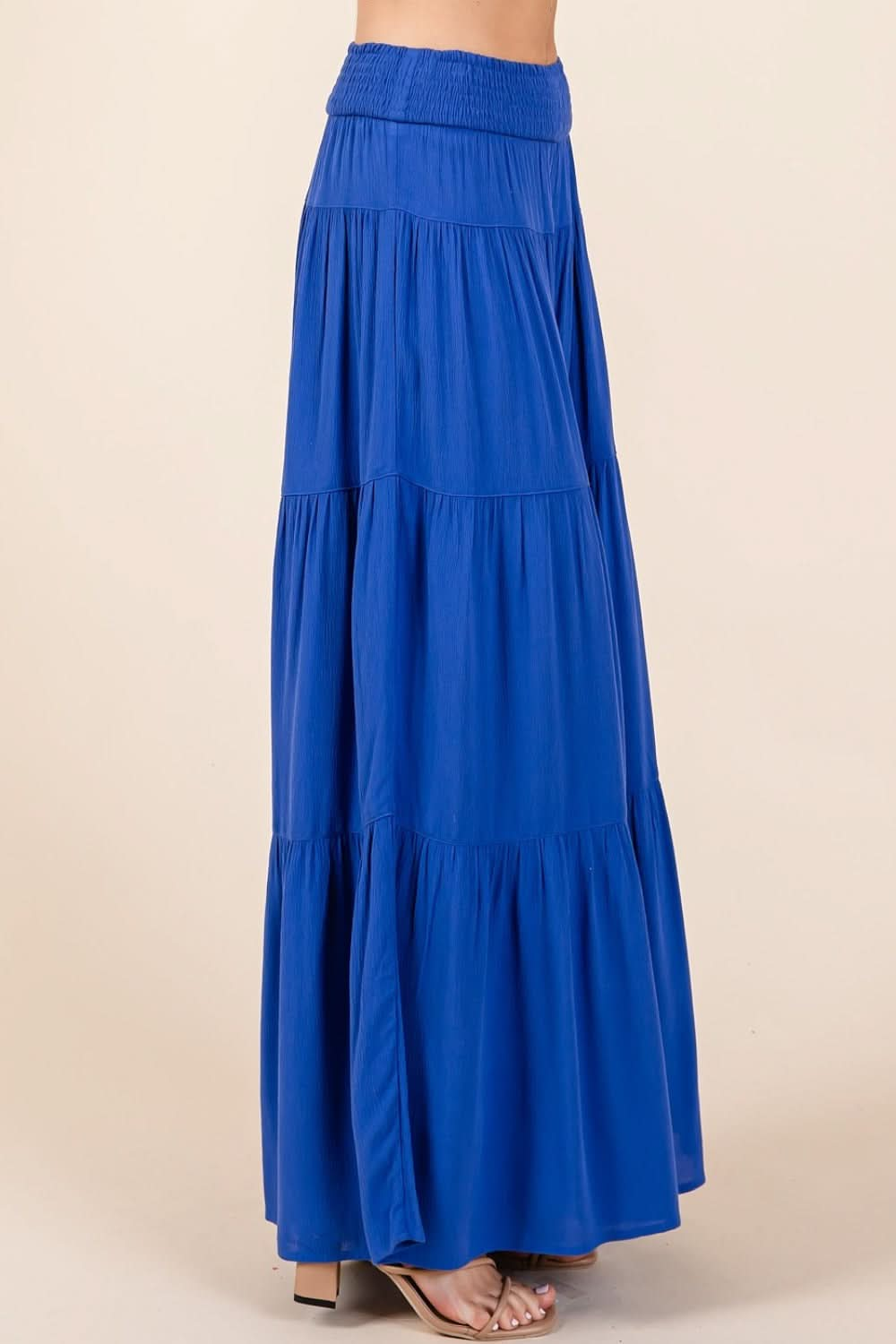 Elegant Tiered Wide Leg Smocked Pants with Elastic Waist and Pockets