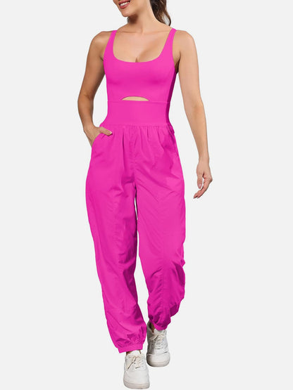 Chic cutout scoop neck jumpsuit with wide straps and pockets