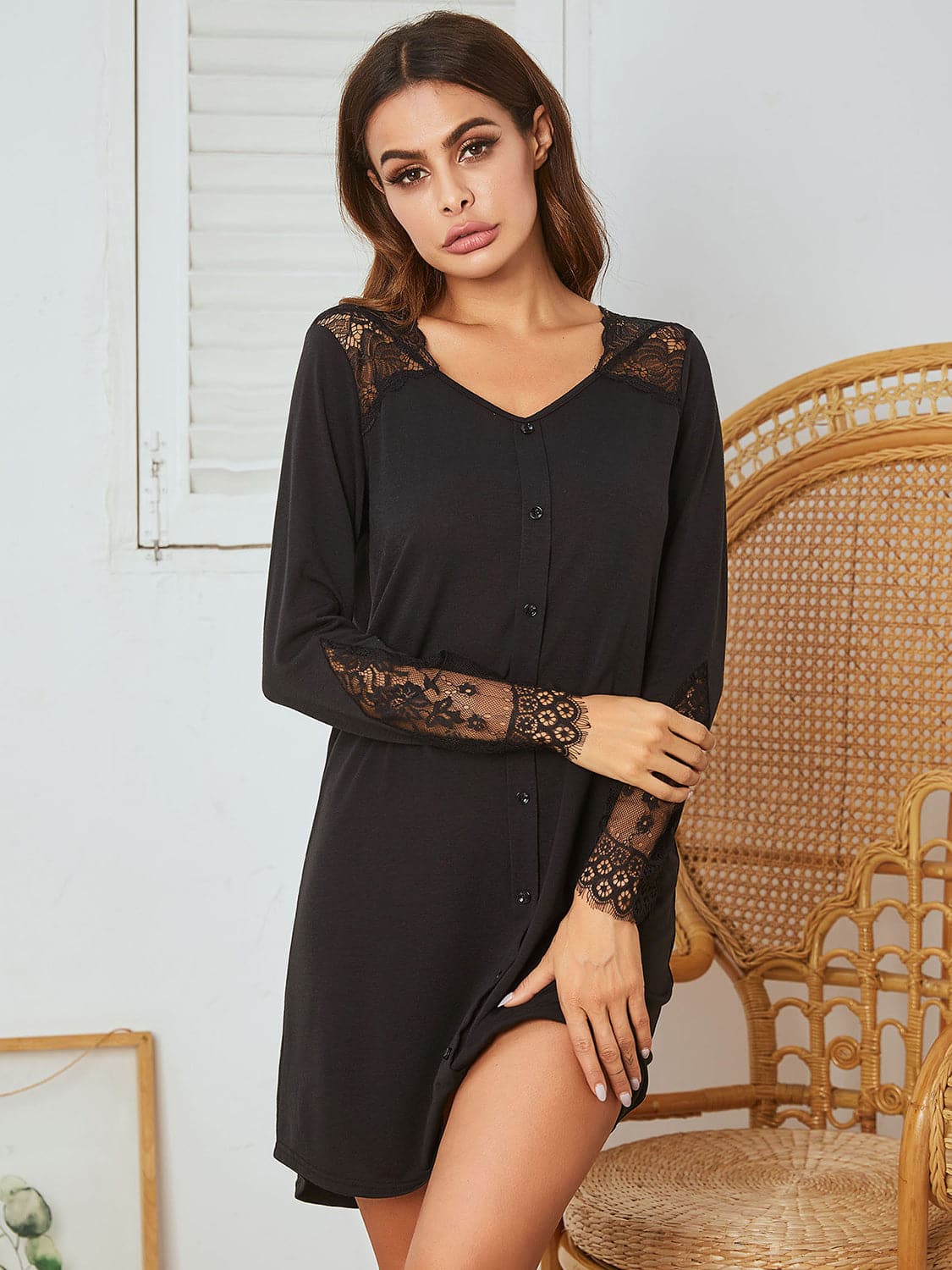 Lace Detail Long Sleeve Mini Lounge Dress.