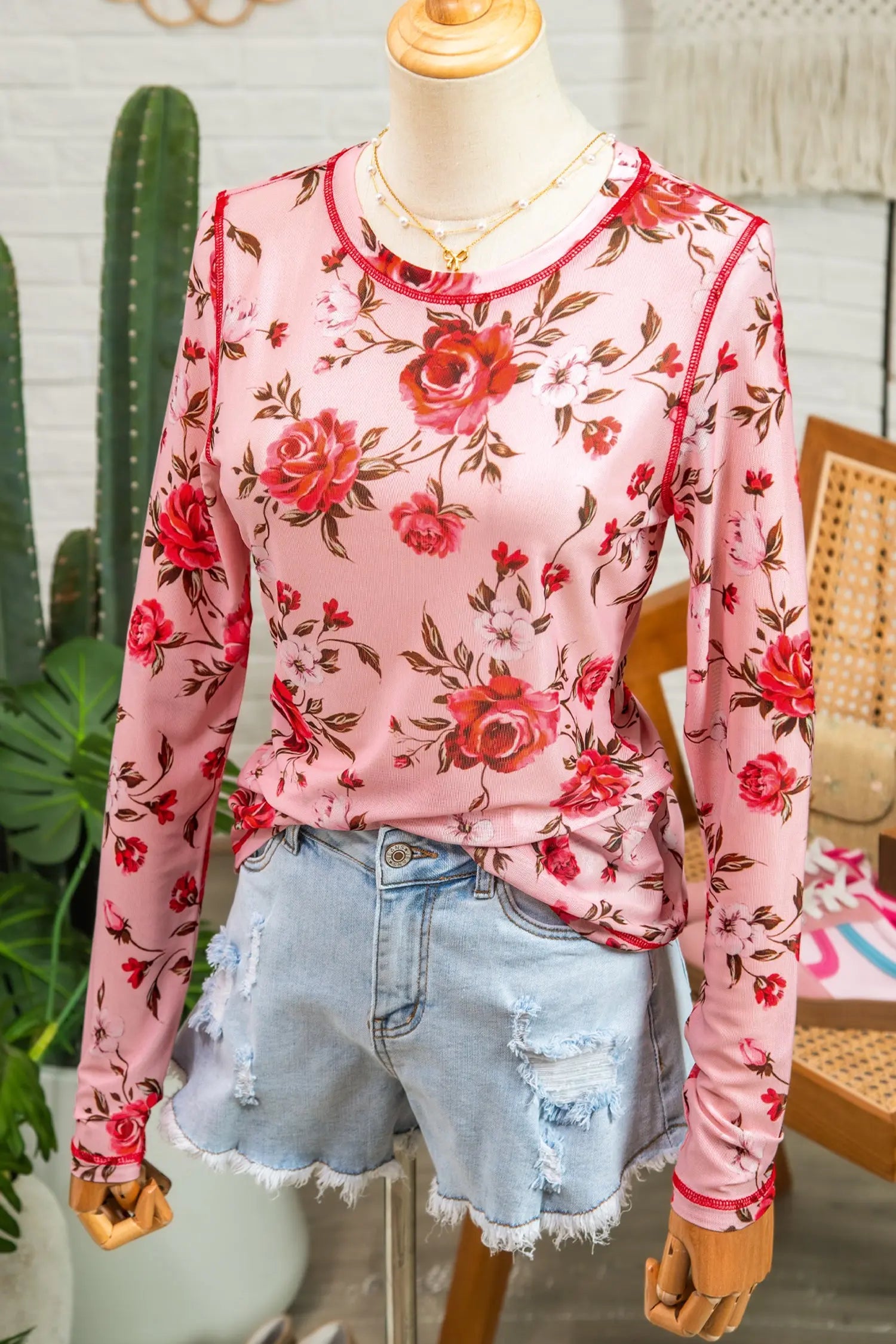 Pink Floral Print Mesh Long Sleeve Top With Exposed Seam Detail Dear-Lover Dropshipping