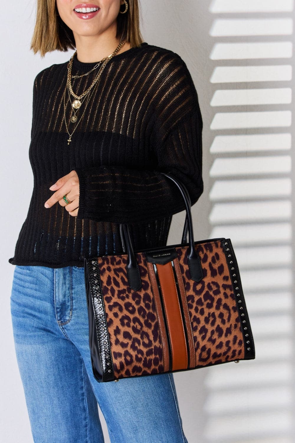 David Jones Leopard Contrast Rivet Handbag.