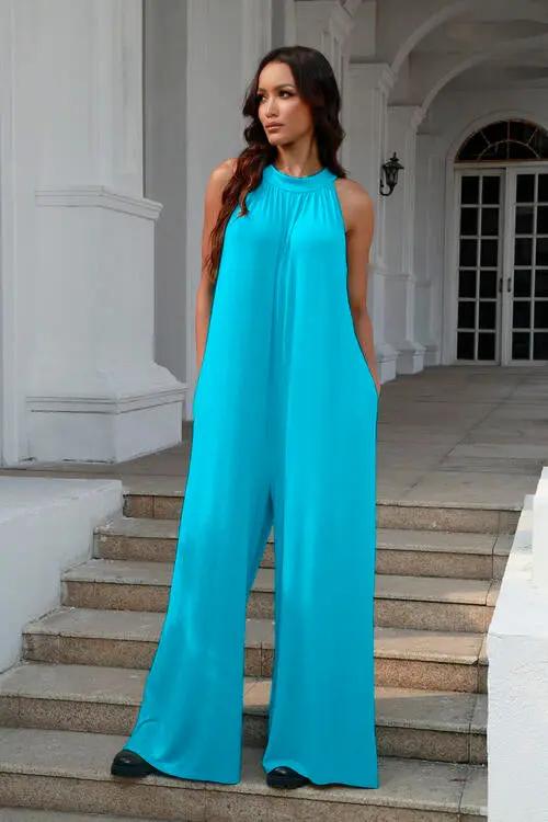 Double Take Full Size Tie Back Cutout Sleeveless Jumpsuit - Love Salve