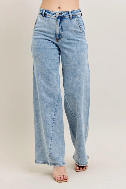 Judy Blue Plus Size High Waist Wide Leg Jeans with Skewed Inseam - Love Salve 