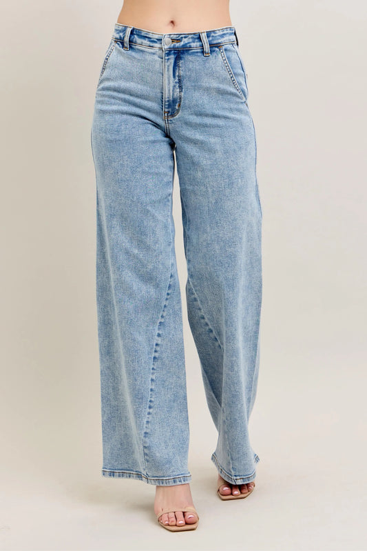 Judy Blue Plus Size High Waist Wide Leg Jeans with Skewed Inseam - Love Salve 