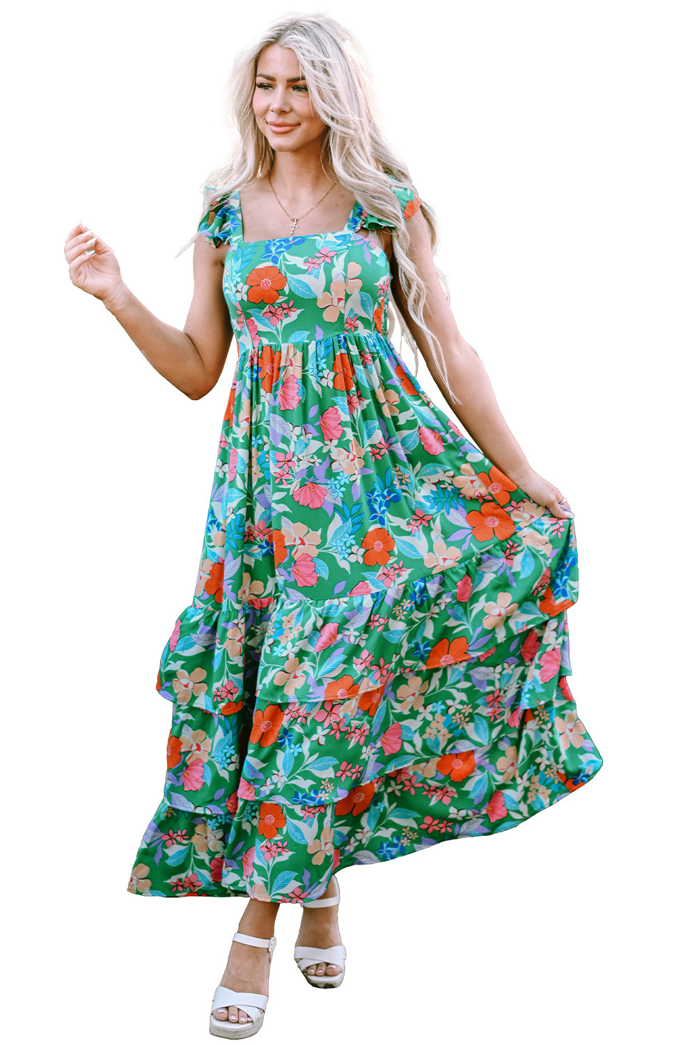 Green Floral Print Sleeveless Ruffle Tiered Maxi Dress Delight