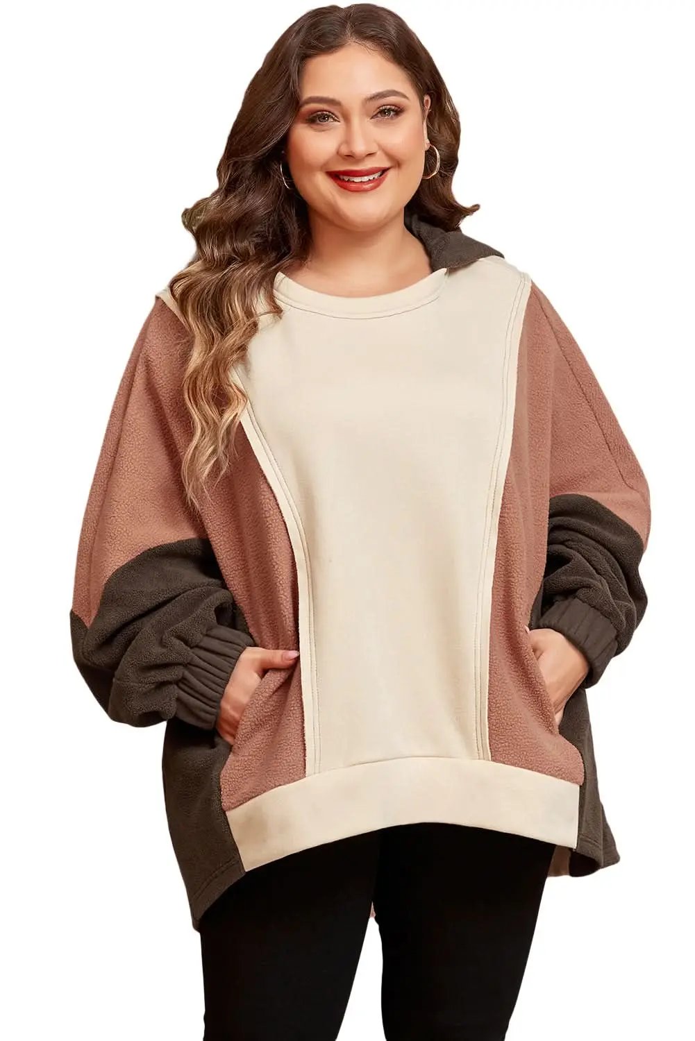 Brown colorblock plus size hoodie - Love Salve 