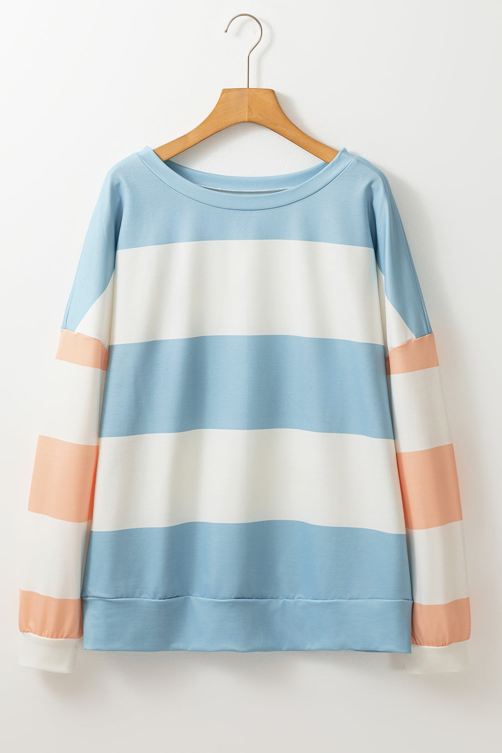 Chic light blue colorblock striped drop shoulder long sleeve top