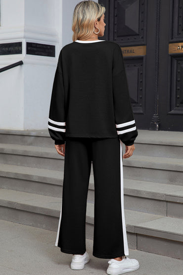 Black Varsity Stripe Patchwork Puff Sleeve Pullover Pants