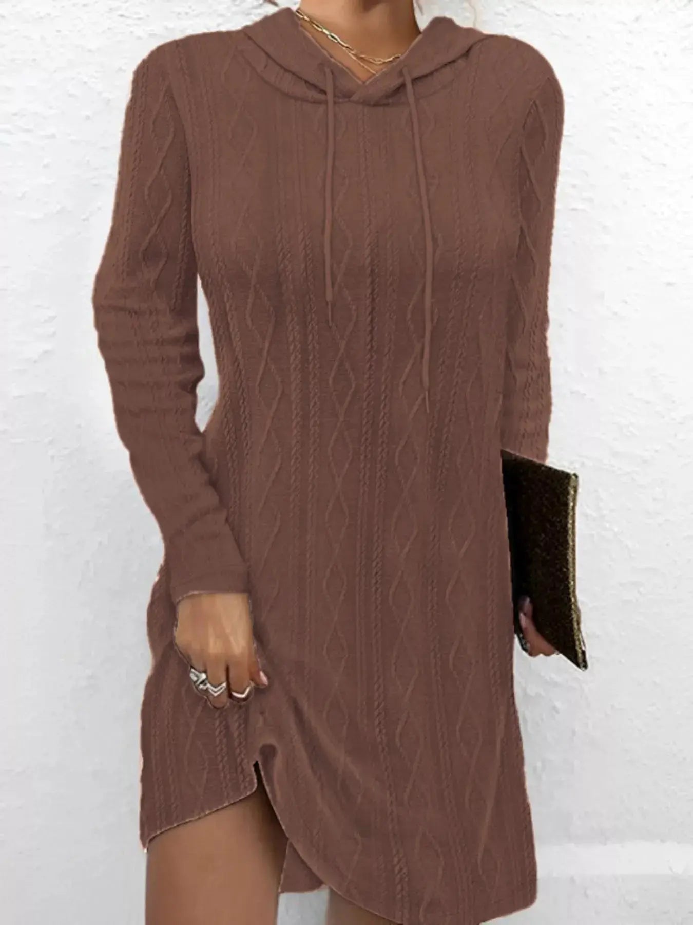Casual Long Sleeve Hooded Cable Knit Dress With Drawstring Slit Simply Love
