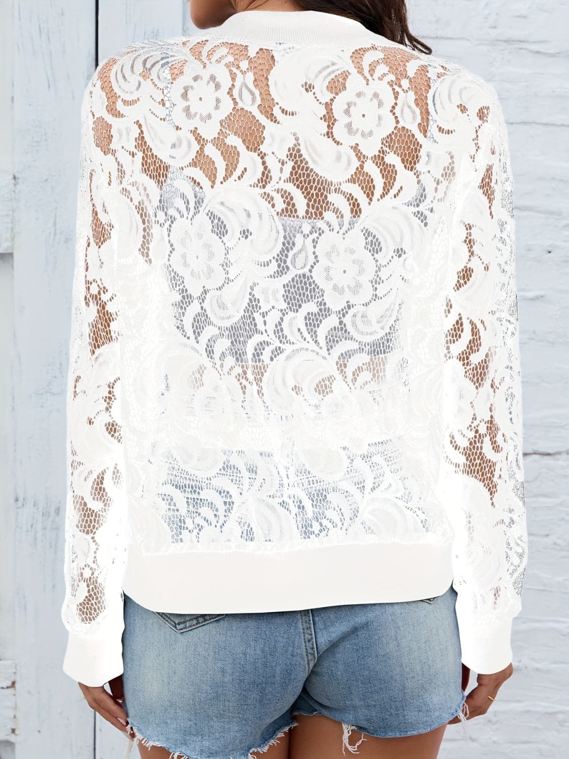 Sheer Lace Zip Up Long Sleeve Jacket.