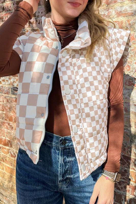 Khaki Contrast Plaid Quilted Button Zip Up Vest For Women Dear-Lover Dropshipping