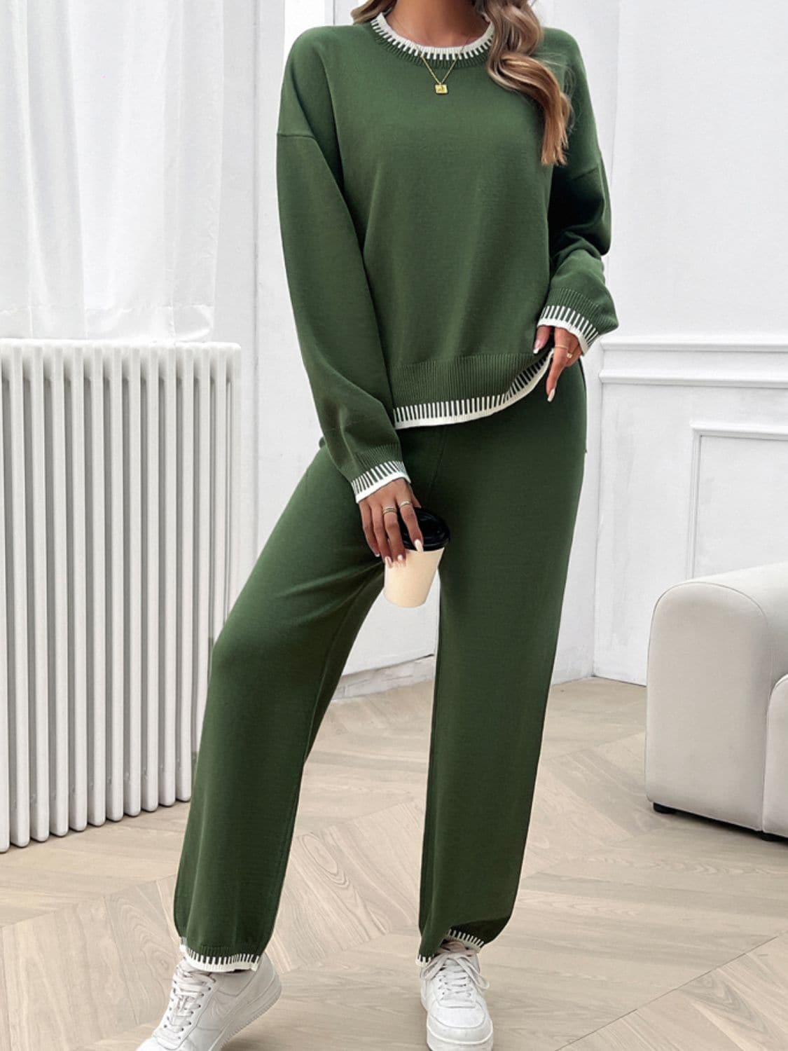 Round Neck Dropped Shoulder Top and Pants Sweater Set.