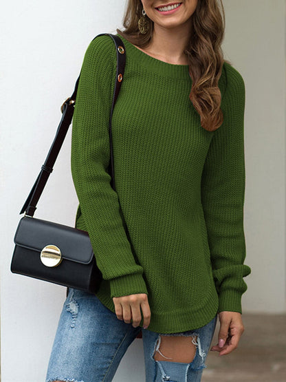 Slit Round Neck Long Sleeve Sweater.