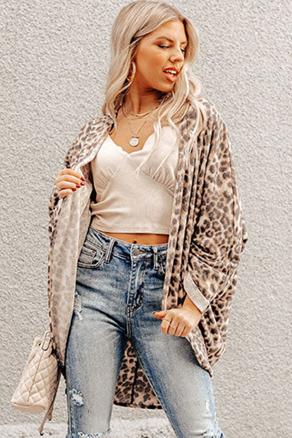 Chic khaki leopard print batwing sleeve cardigan for effortless style