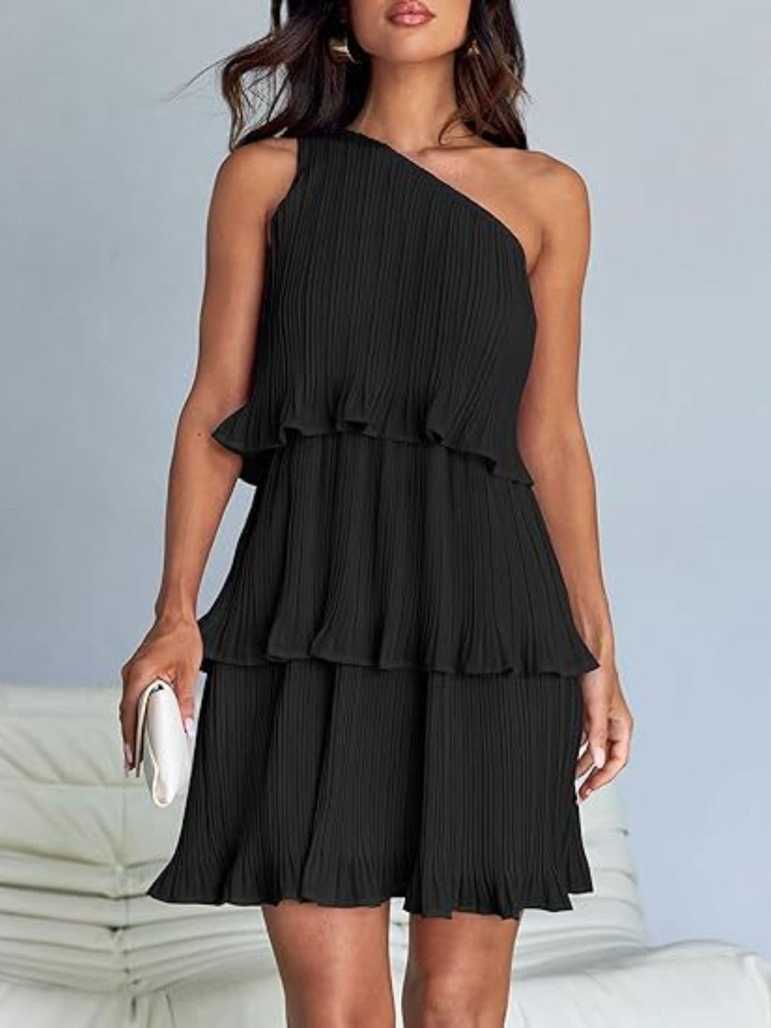 Layered Single Shoulder Mini Dress.