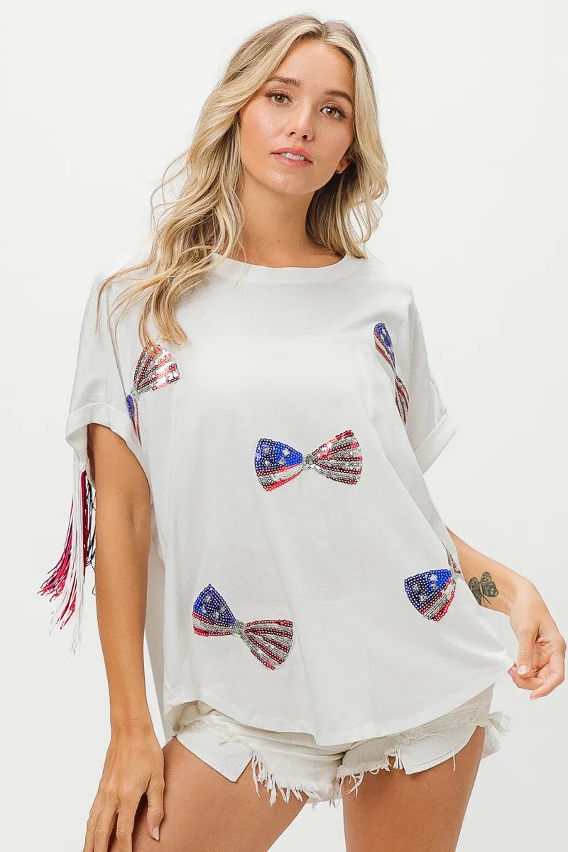 BiBi American Flag Sequin Ribbon T-Shirt - Love Salve 