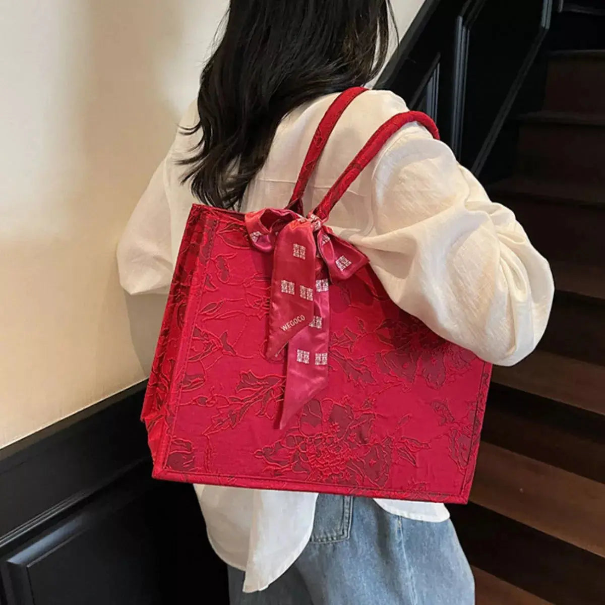 Floral Embossed Tote Handbag with Scarf Accent Simply Love
