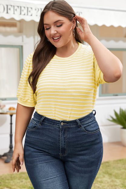 Chic yellow striped puff sleeve plus size jumper