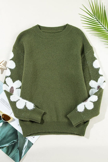 Flower Round Neck Long Sleeve Sweater.