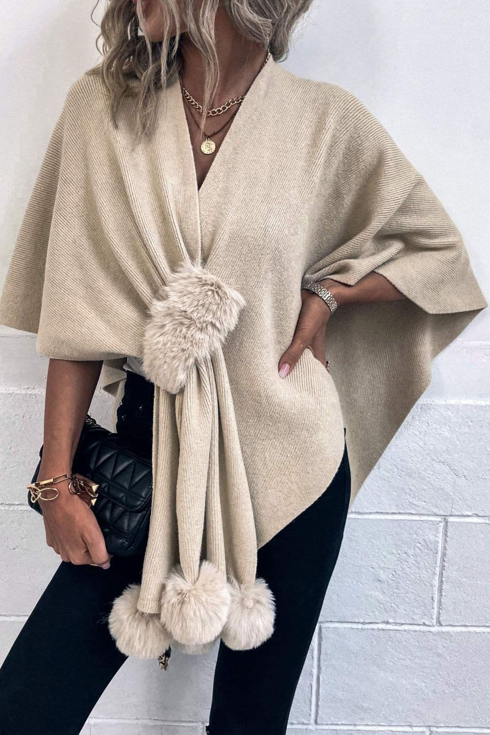 Surplice Neck Pom-Pom Trim Poncho.