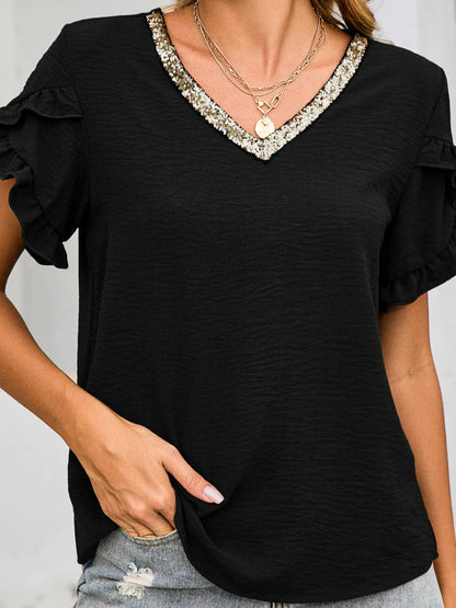 Ruffled V-Neck Short Sleeve Blouse.