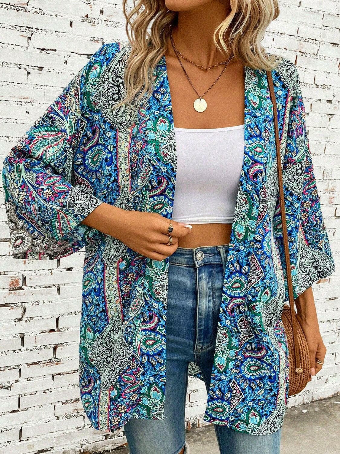 Printed Open Front Three-Quarter Sleeve Cover Up.