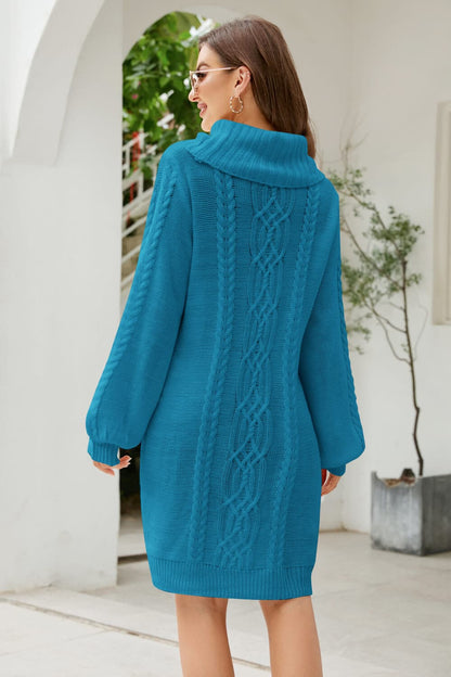 Woven Right Mixed Knit Turtleneck Lantern Sleeve Sweater Dress.