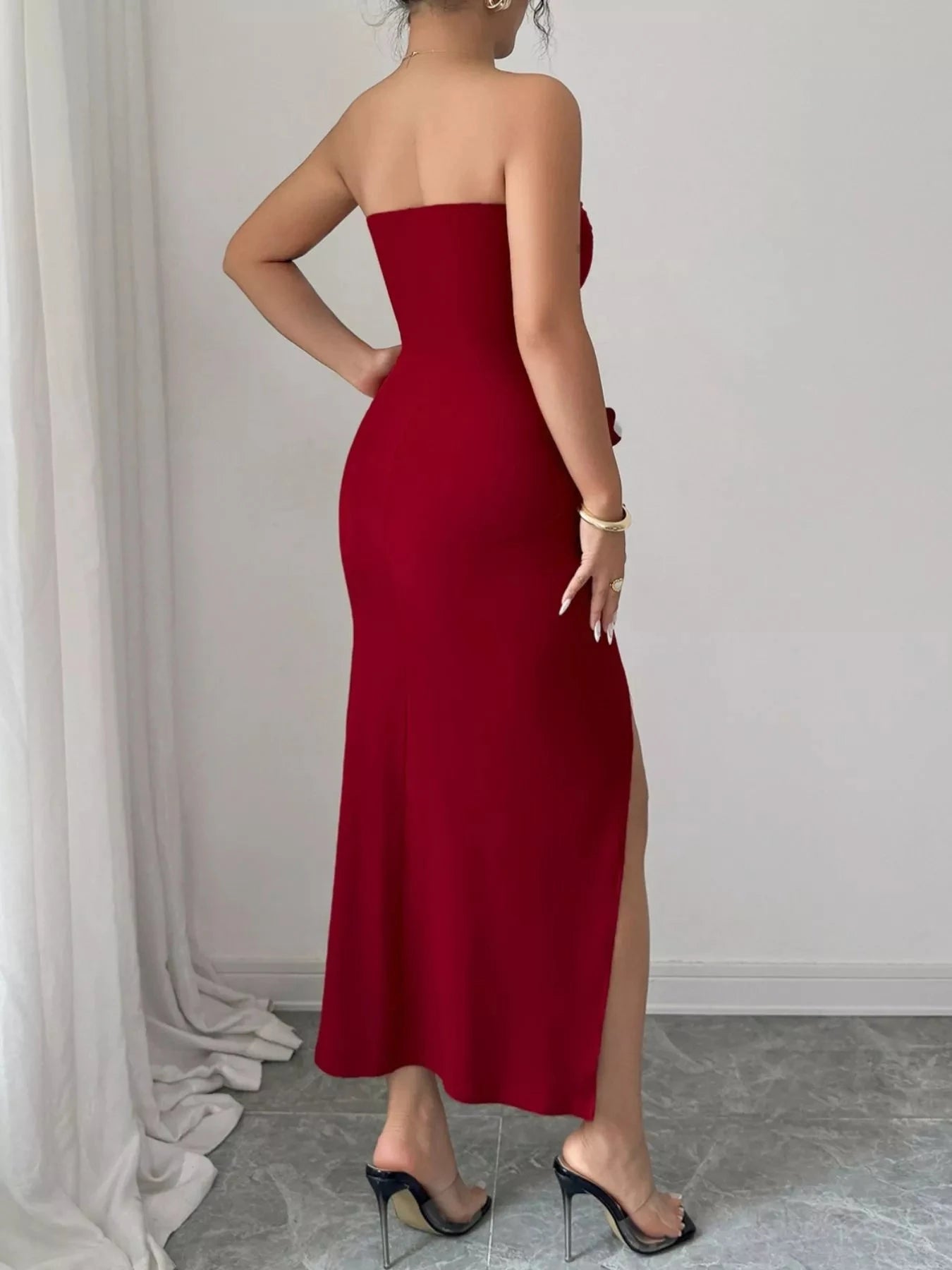 Front Split Strapless Dress with Floral Detail Coco’s Tee Boutique