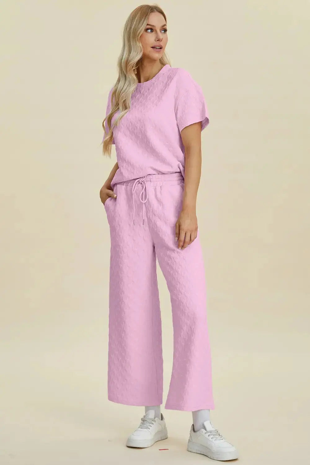 Double Take Full Size Texture Round Neck Short Sleeve Top and Pants Set - Love Salve