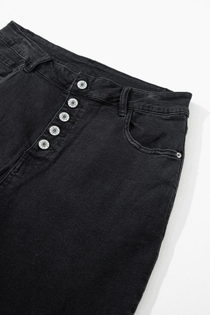 Chic black high-rise flared jeans with retro button front