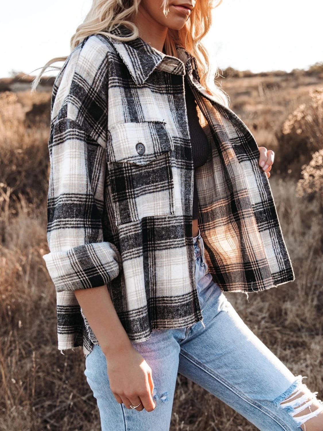 Plaid long sleeve shacket with pockets