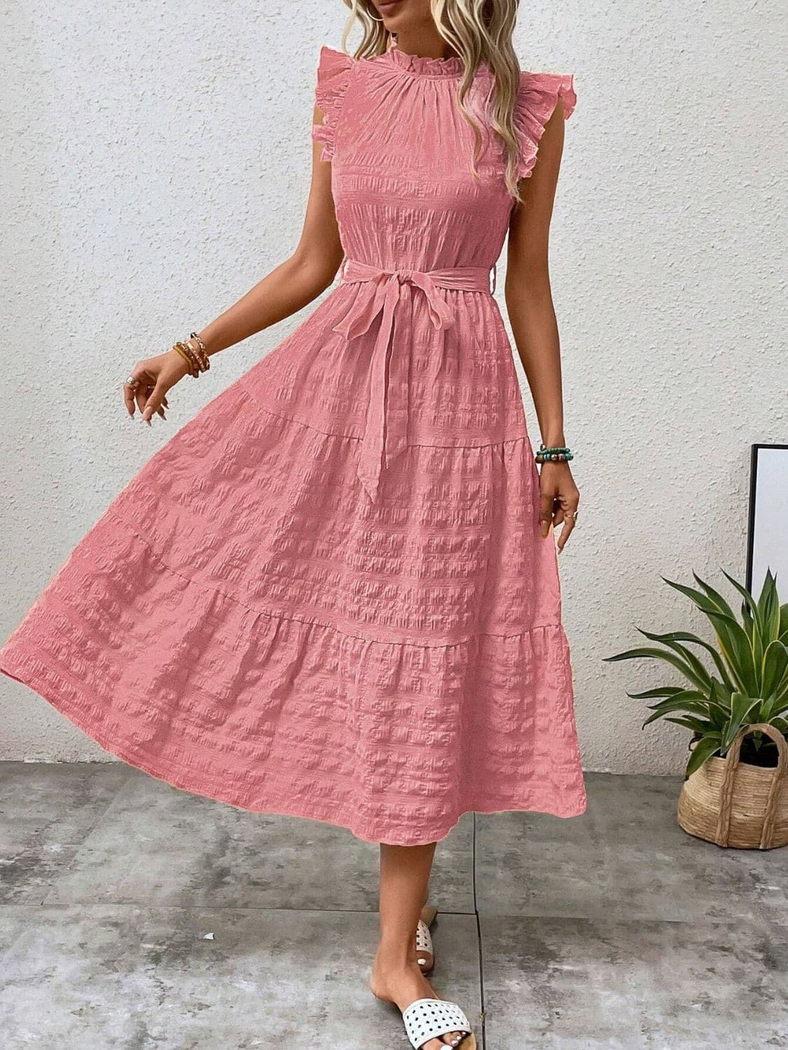 Tied Ruffled Cap Sleeve Midi Dress.