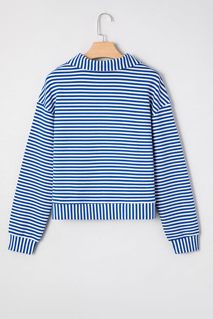 Premium Blue Stripe Quarter Zip Collar Pullover Long Sleeve Top