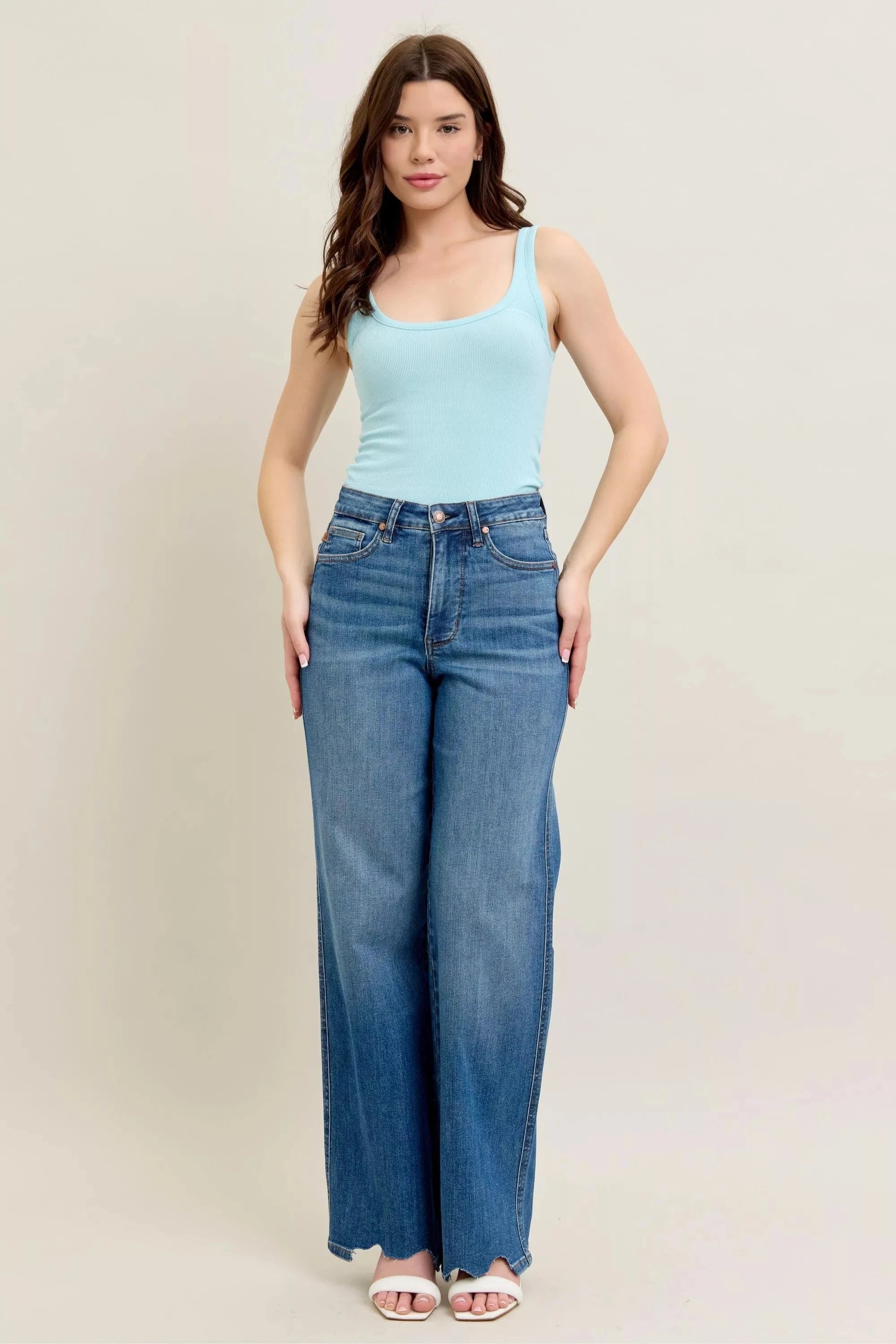 Judy Blue Full Size High Waist Tummy Control Chew Hem Destroy Wide Jeans Plus Size Coco’s Tee Boutique