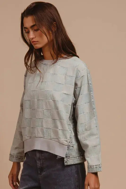 BiBi Mineral Washed Checkered Round Neck Denim Top - Love Salve 