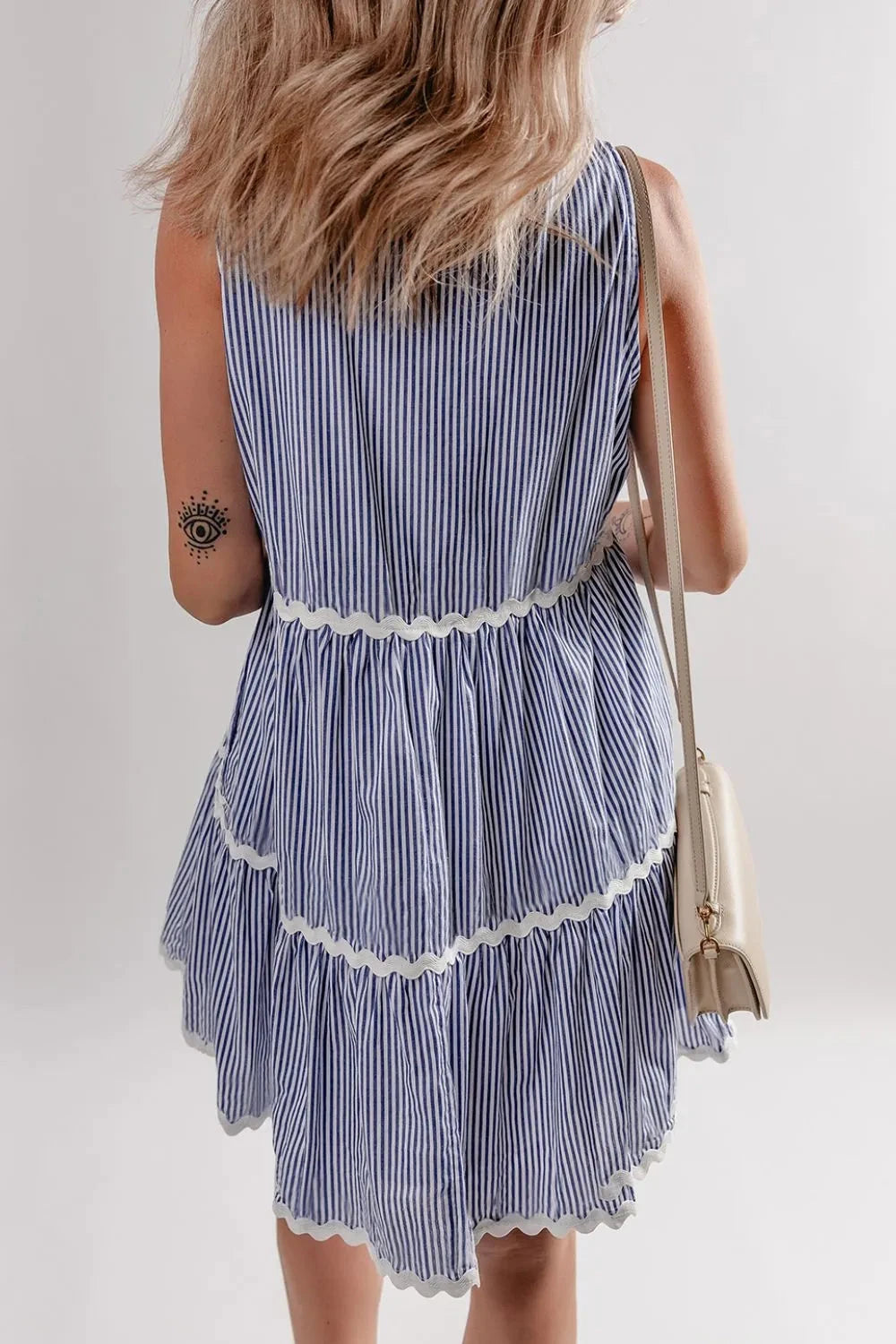 Stripe Sleeveless Notched Ric Rac Mini Dress Simply Love