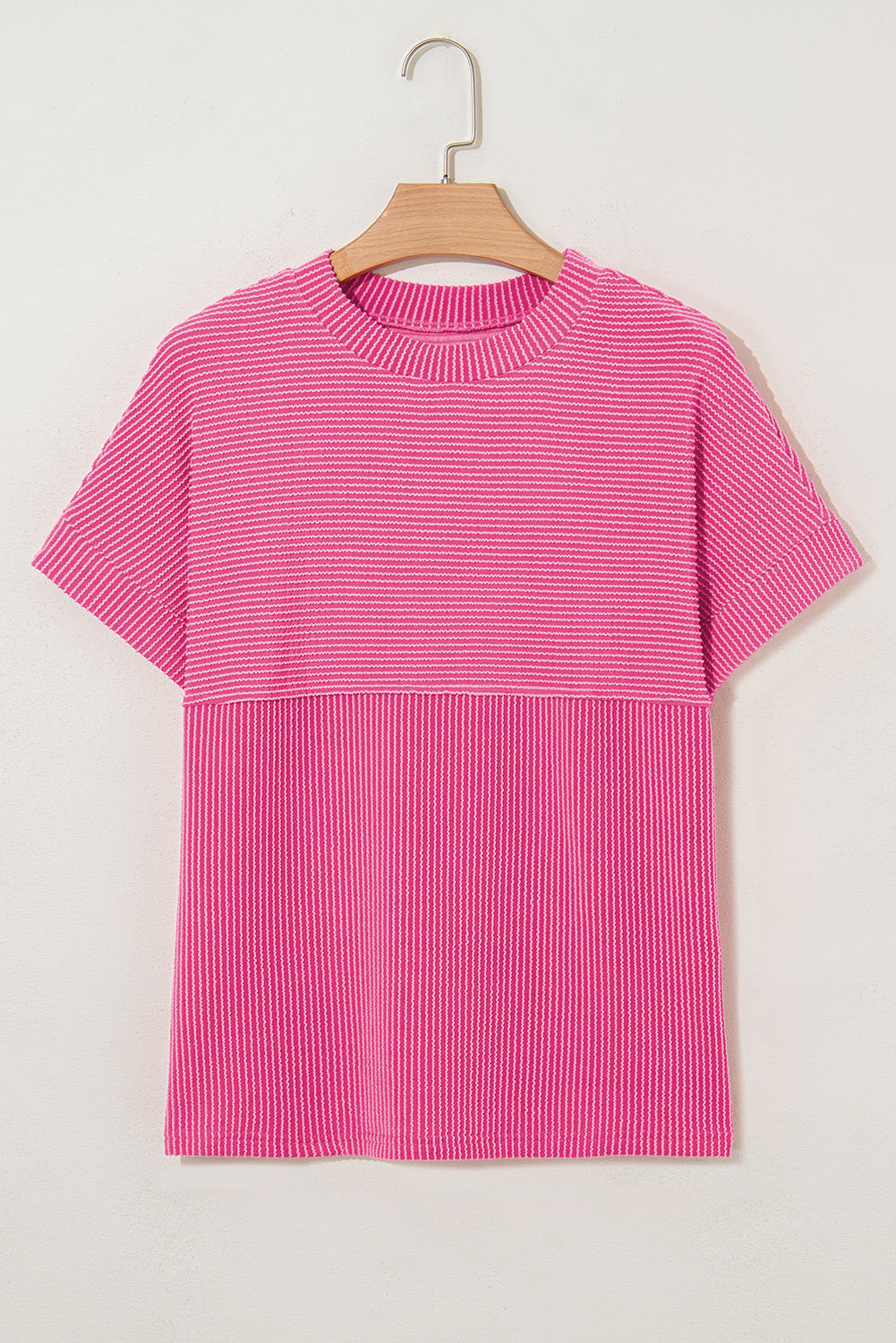 Bright Pink Plain Corded Knit Mock Neck T Shirt for Women