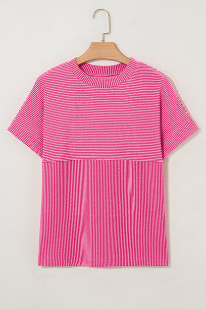 Bright Pink Plain Corded Knit Mock Neck T Shirt for Women