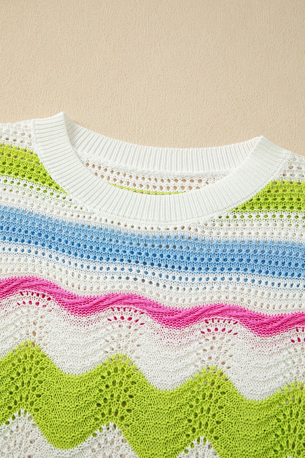 Openwork Color Block Round Neck Knit Top.