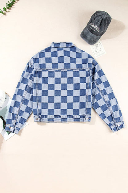 Checkered Button Up Long Sleeve Denim Jacket.