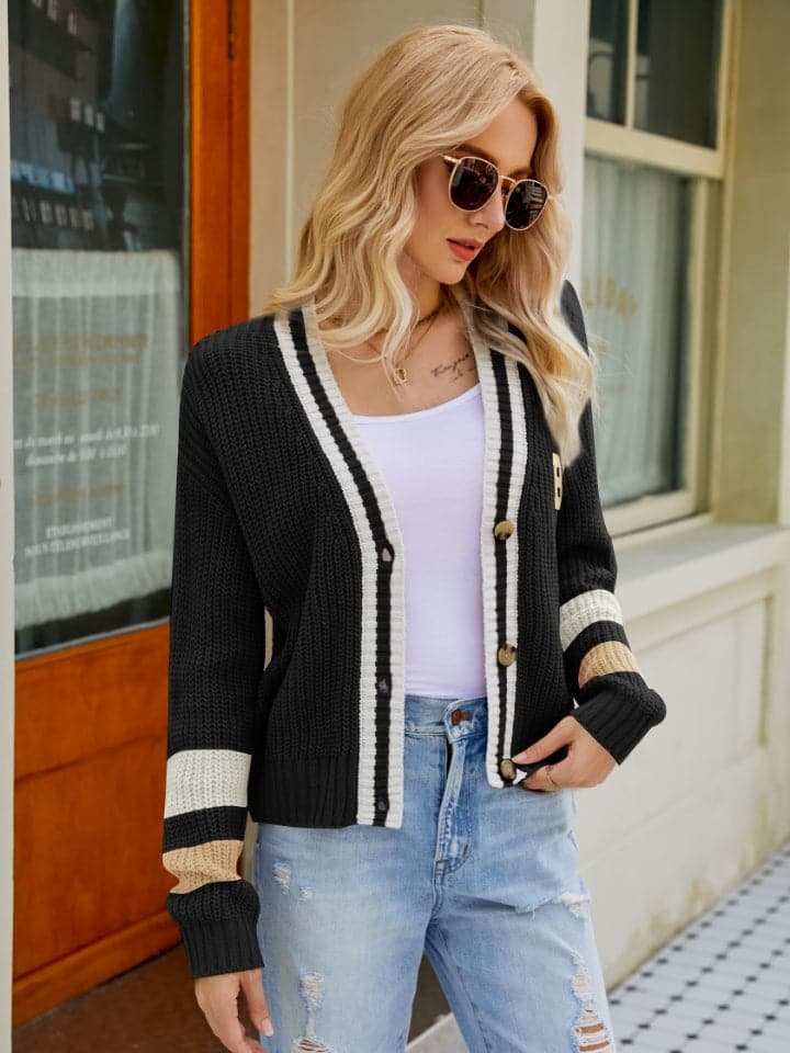 Contrast Button Up Dropped Shoulder Cardigan.